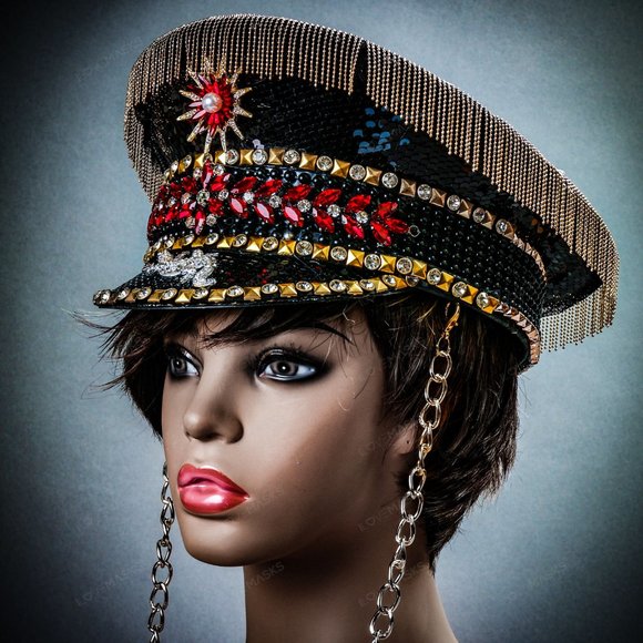 Black Military Captain Hat with Rhinestone and Gold chain For Burning Man Party - Picture 3 of 8